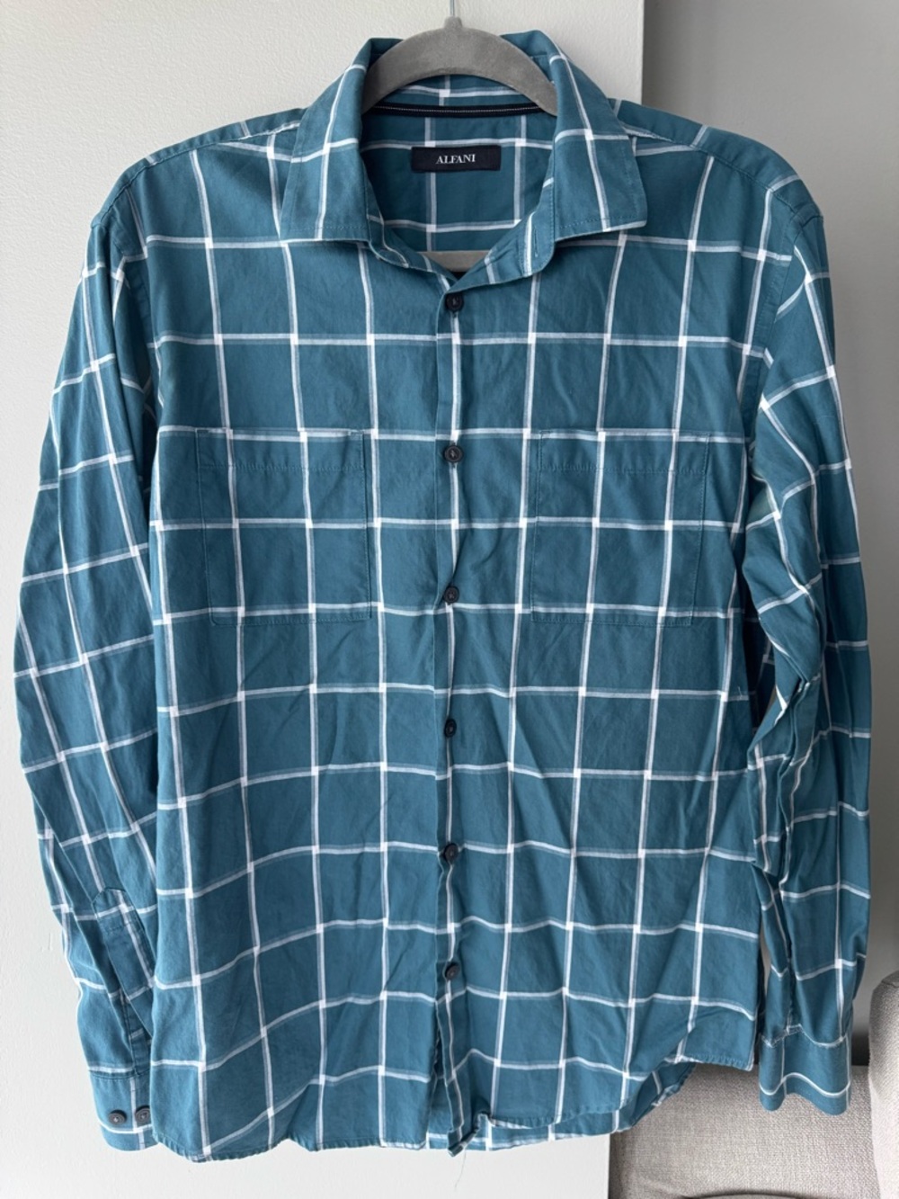 Alfani Teal Windowpane Lightweight Button-Up Shirt Jacket